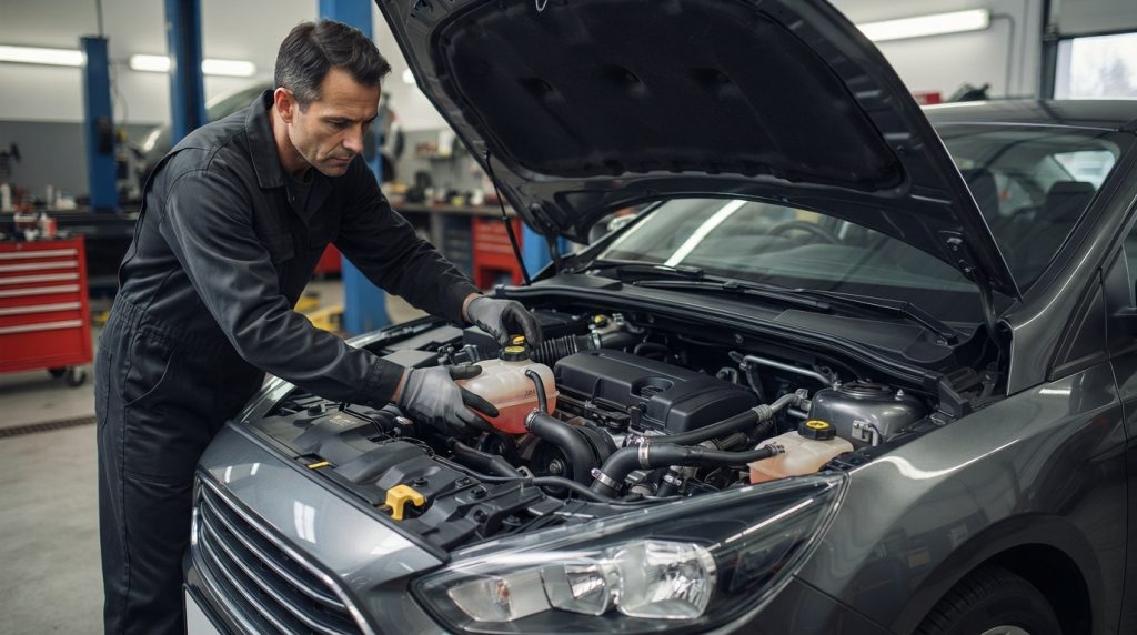 Na tym obrazie widać mechanika samochodowego pracującego w profesjonalnym warsztacie
