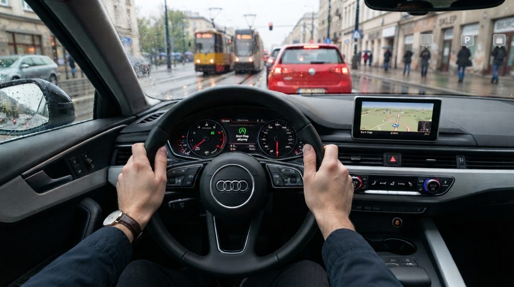 Na tym obrazie widać wnętrze nowoczesnego samochodu (marki Audi) podczas jazdy w deszczowy dzień w miejskiej scenerii