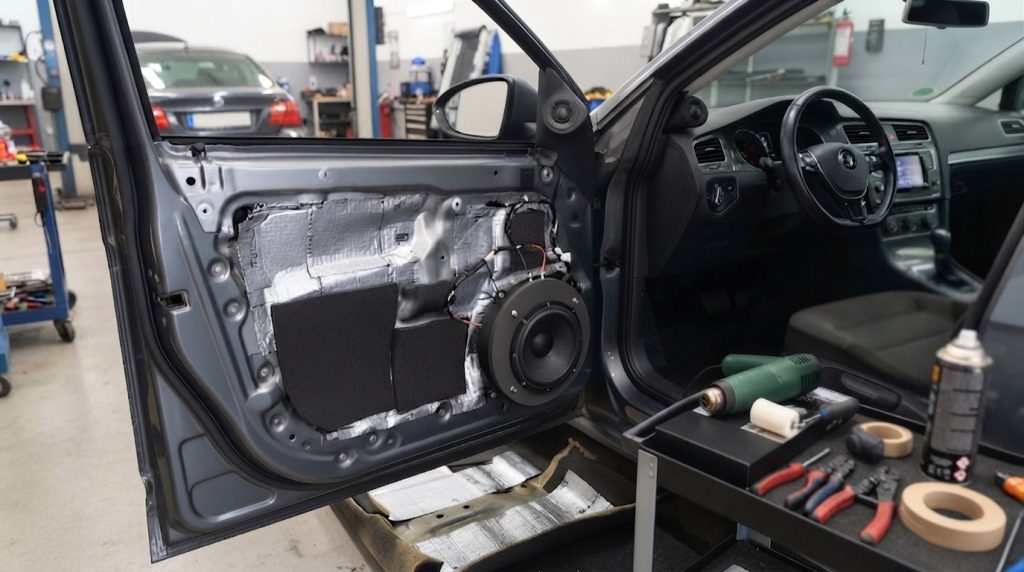 Na tym obrazie widać wnętrze warsztatu samochodowego oraz otwarte drzwi nowoczesnego auta, w których przeprowadzany jest montaż systemu car audio i wygłuszczenie wnętrza