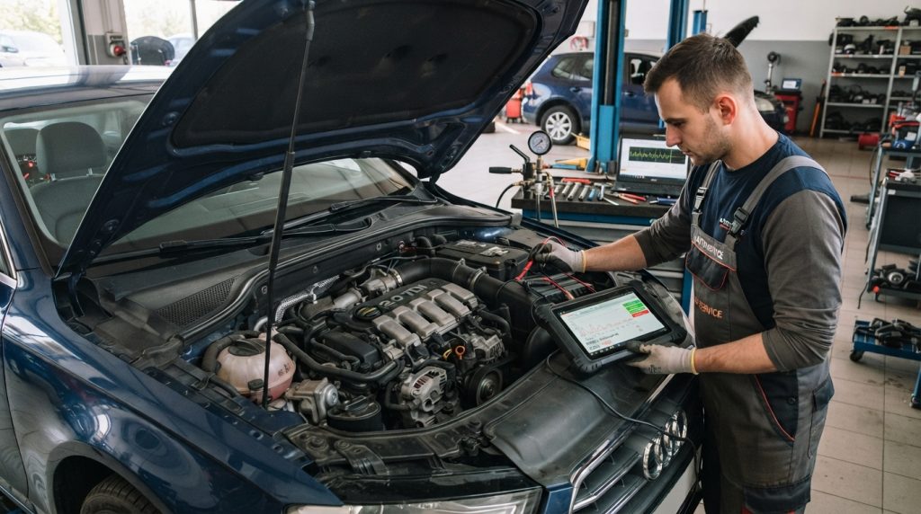 Na obrazie widać profesjonalny warsztat samochodowy, w którym mechanik dokonuje diagnostyki auta