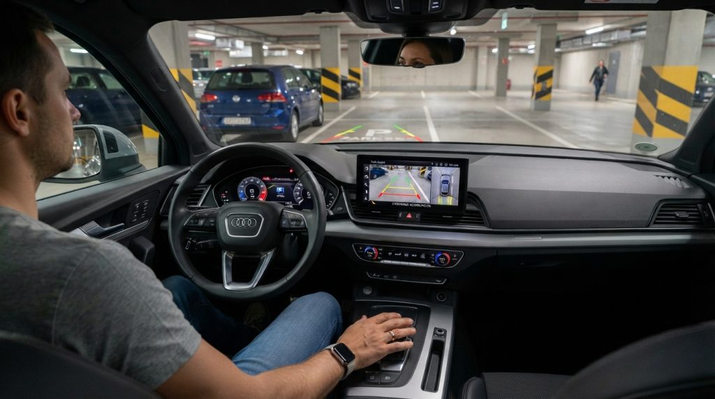 Na obrazku widać wnętrze nowoczesnego samochodu (marki Audi) podczas manewru parkowania na podziemnym parkingu